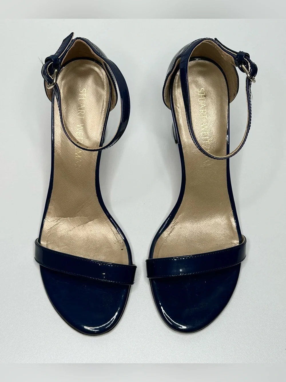 Stuart Weitzman Navy Blue Patent Leather Nudist Curve Heels Shoes Sandal